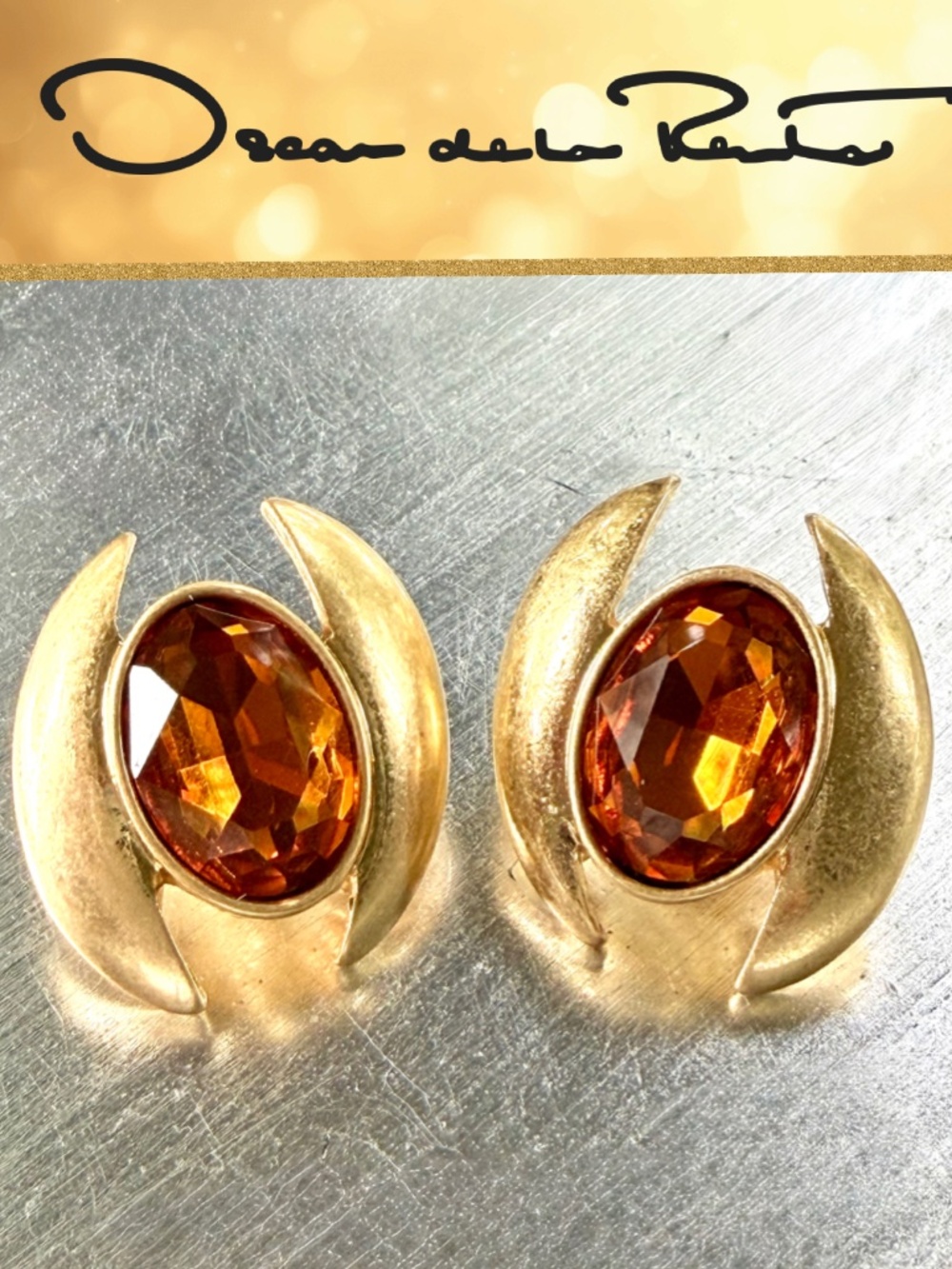 Oscar de la Renta Oval Stone Earrings gold-Tone w/ Topaz Crystal Cabochon - Post